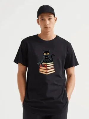 A Mysterious Black Cat Guards Its Literary Secrets Perched Atop A Stack Of Enchanting Stories T-Shirt