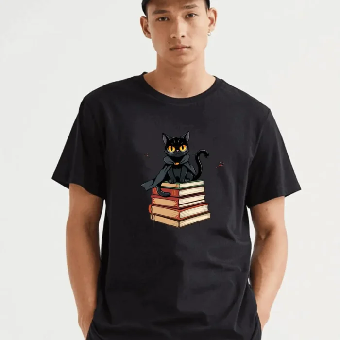 A Mysterious Black Cat Guards Its Literary Secrets Perched Atop A Stack Of Enchanting Stories T-Shirt