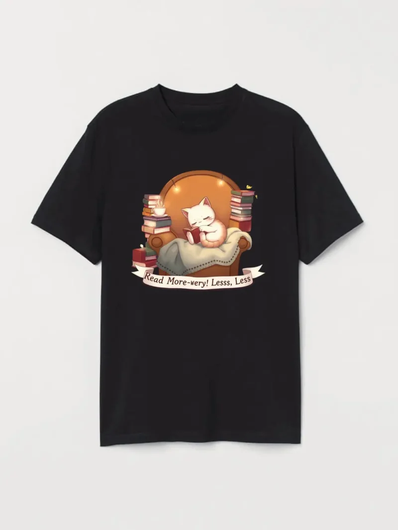 A Sleepy Cat Finds Comfort In Books Reminding Us That More Reading Equals More Peace T-Shirt - Image 2