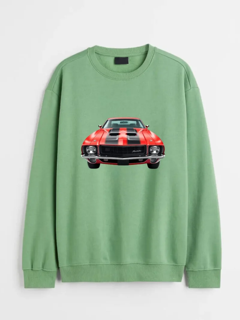 Bold Front View Of A Classic Red Muscle Car With Black Racing Stripes Sweatshirt - Image 2
