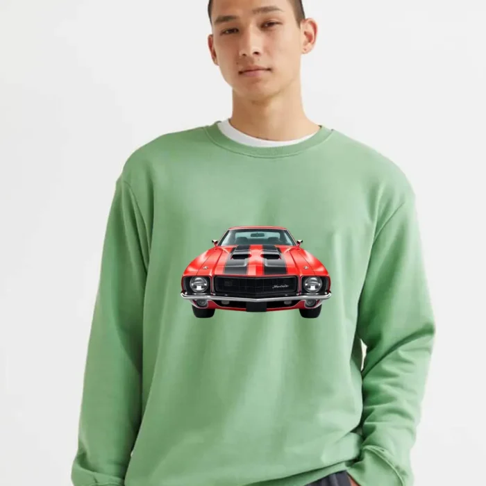 Bold Front View Of A Classic Red Muscle Car With Black Racing Stripes Sweatshirt