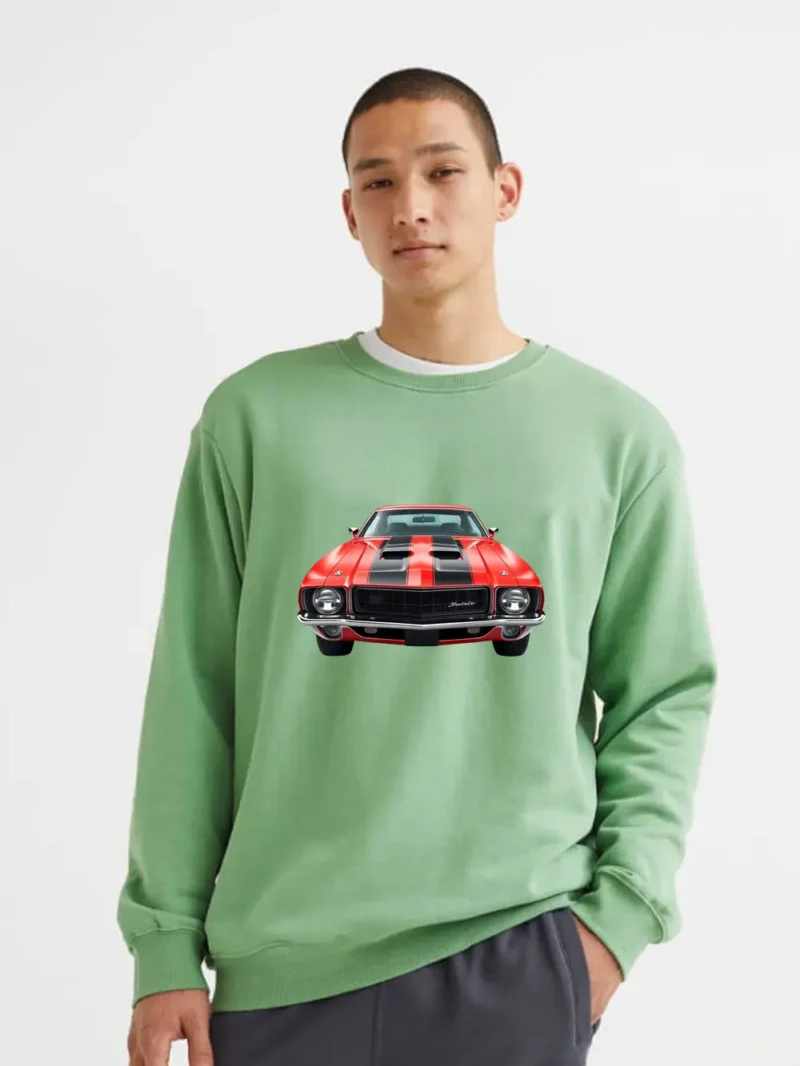 Bold Front View Of A Classic Red Muscle Car With Black Racing Stripes Sweatshirt