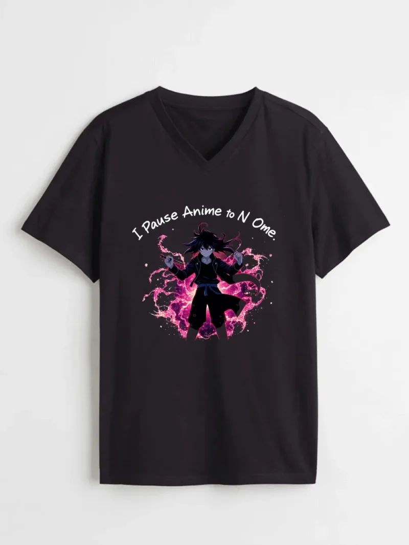Dark-haired Anime Fighter With Glowing Pink Energy Aura Ready For Battle T-Shirt - Image 2