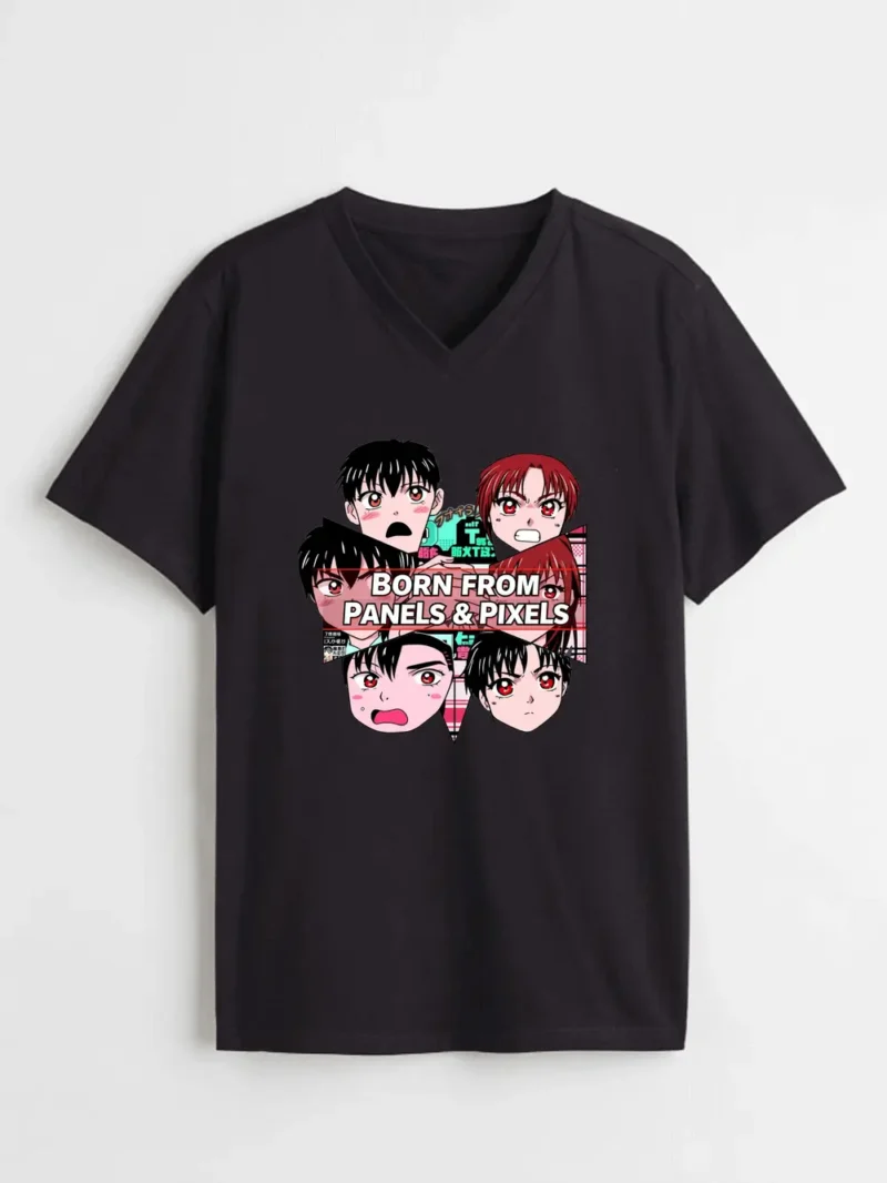 Retro Manga-style Faces With Comic Flair And Bold Pixel-art Vibes T-Shirt - Image 2