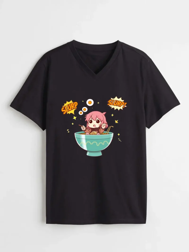 Sweet Anime Girl Slurping Ramen In A Giant Bowl Surrounded By Sparkles T-Shirt - Image 2