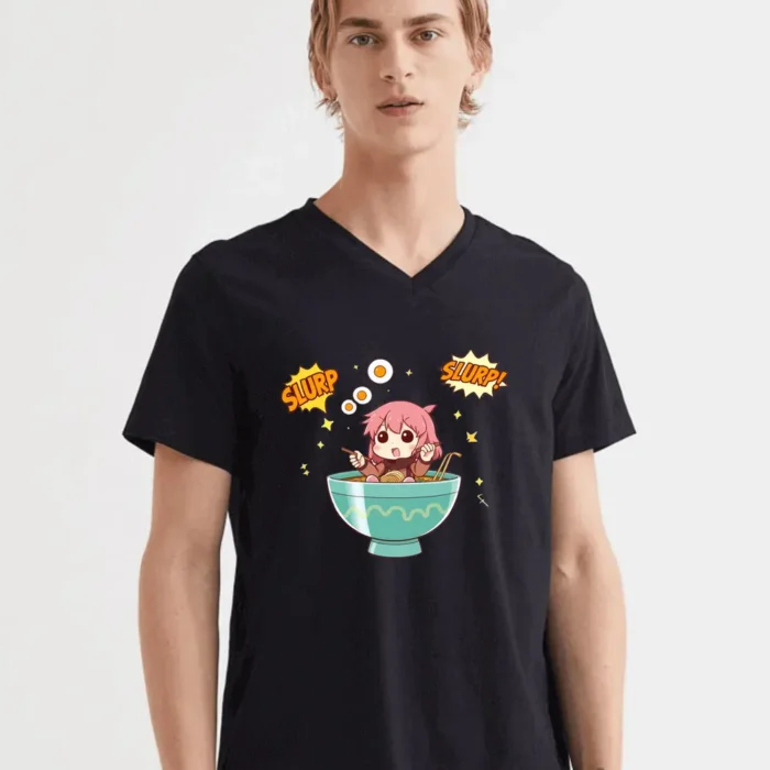 Sweet Anime Girl Slurping Ramen In A Giant Bowl Surrounded By Sparkles T-Shirt