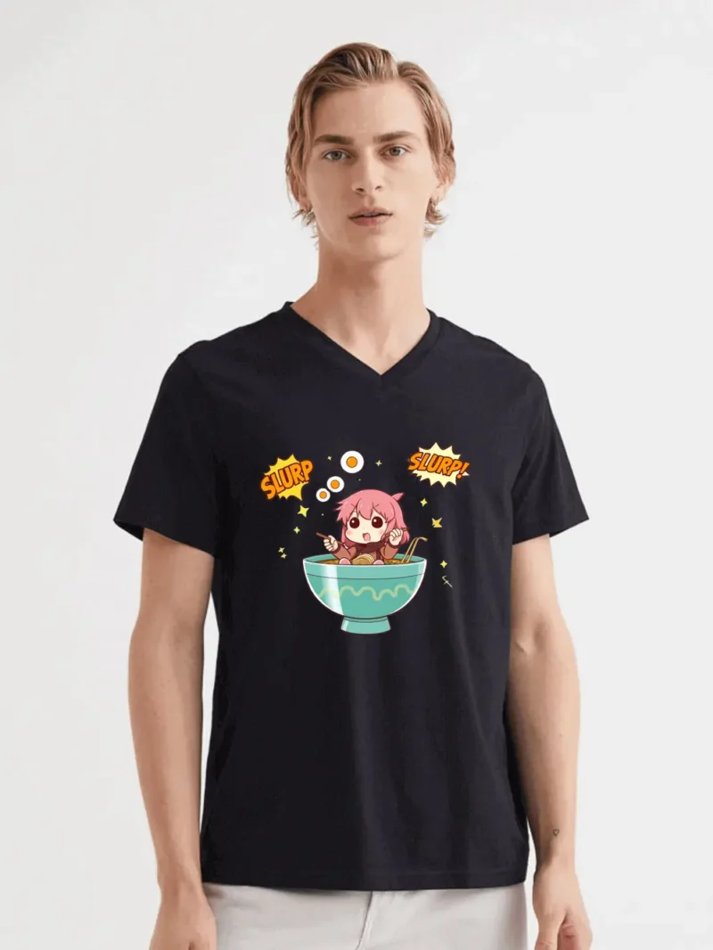 Sweet Anime Girl Slurping Ramen In A Giant Bowl Surrounded By Sparkles T-Shirt