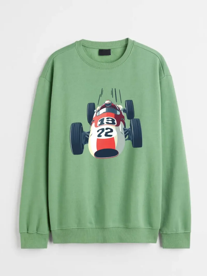 Top-down Illustration Of A Vintage Race Car With Number Decals Speeding On Track Sweatshirt - Image 2