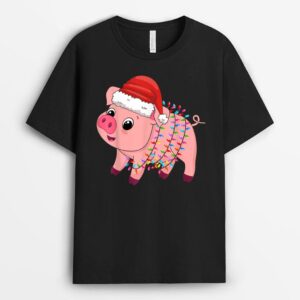 Christmas Lights Pig Wearing Xmas Hat - Pig Lover Farmer T-Shirt