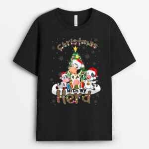 Christmas With My Herd Cow Cattle Farmer Funny Leopard Tree T-Shirt