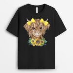 Cute Baby Highland Cow With Sunflowers Farm Farmer Wife Girl T-Shirt
