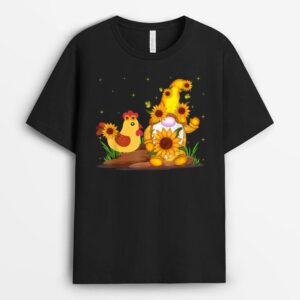 Cute Gnome And Chicken Sunflower Funny Gnome Chicken Farmer T-Shirt