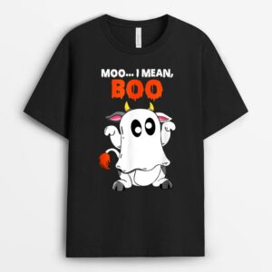 Cute Halloween Farmer Ghost Cow Moo I Mean Boo Pumpkin Moon T-Shirt