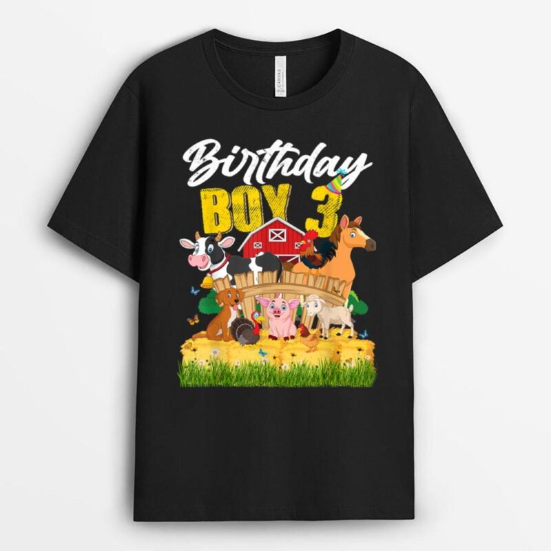 Funny 3 Year Old Barnyard Birthday Boy 3rd Farm Animals Bday T-Shirt