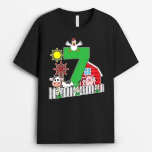Kids Seventh 7th Birthday Farm Animal Lover Cow Pig Horse Farmer T-Shirt