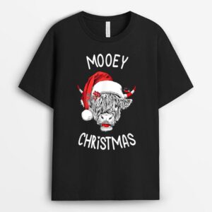 Mooey Christmas Cow Farmer Santa Hat Cow Lover Highland Cow T-Shirt