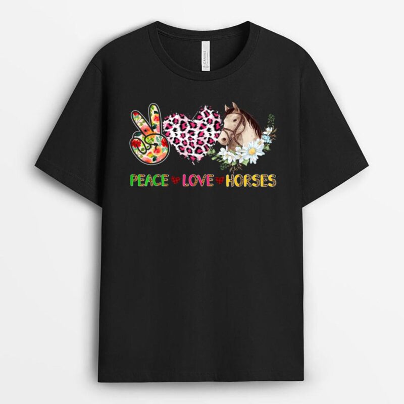 Peace Love Horses Leopard Floral Horse Wearing Hat Farmer T-Shirt