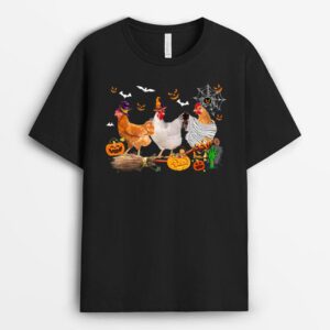 Three Chickens Halloween Mummy Witch Scary Pumpkins Farmer T-Shirt